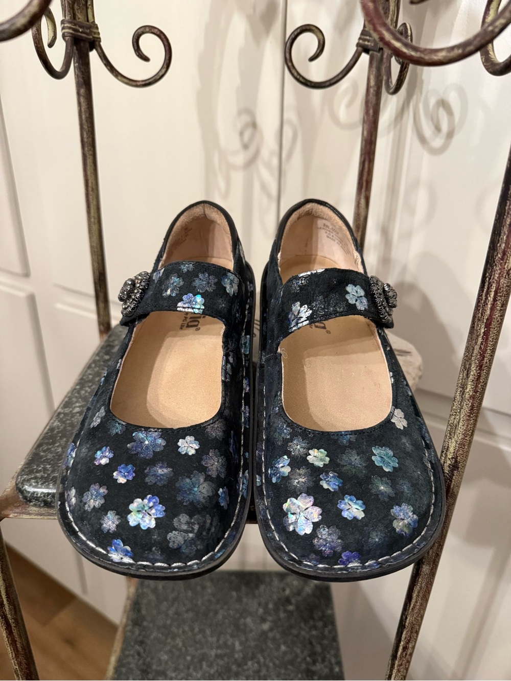 Alegria Women’s Black with Royal Floral Mary Jane Shoes with Iridescent Flowers